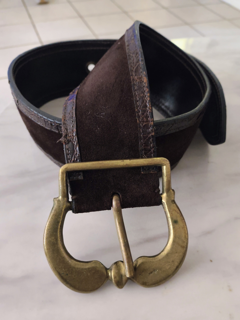 Vintage CELINE Paris Wide Brown Suede Belt Big Ornate Gold Buckle size 85 Large